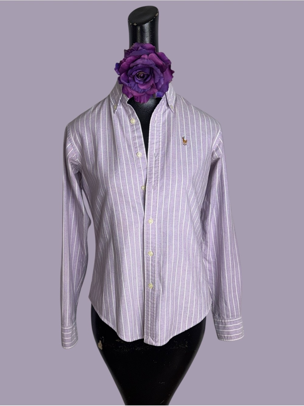 Lilac purple and white striped cotton oxford shirt by Ralph Lauren - Picture 3 of 16